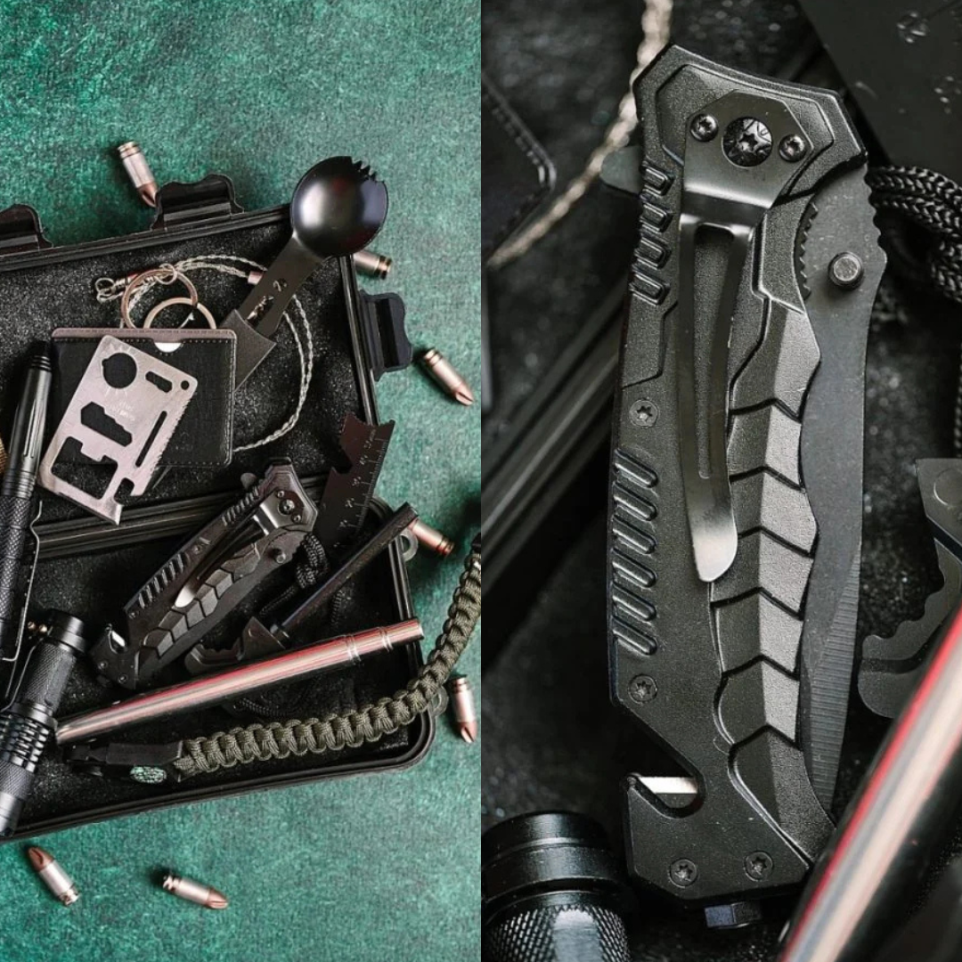 Two-panel close-up showing black tactical folding knife with geometric handle design and star inlay detail, alongside flat-lay of survival kit contents on green surface including multi-tools, flashlight, and ammunition.