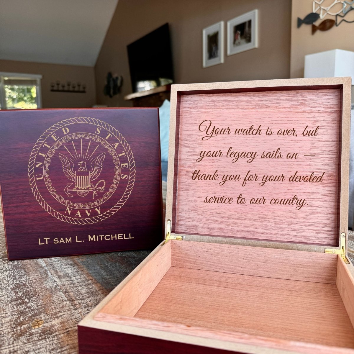 Engraved Navy keepsake box with emblem, personalized name, and cedar-lined interior
