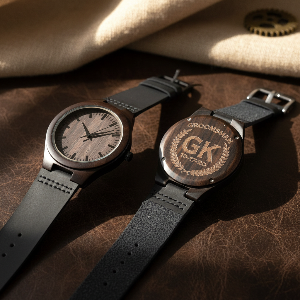 Two watches with black leather straps displayed on brown leather, left watch showing wood dial with hour markers, right watch featuring engraved back with sample personalization "GK" and laurel wreath design