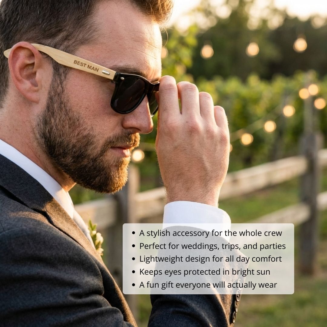 Man wearing personalized wood-frame sunglasses with "BEST MAN" engraved on the tan arm, black lens, posed outdoors with blurred garden background