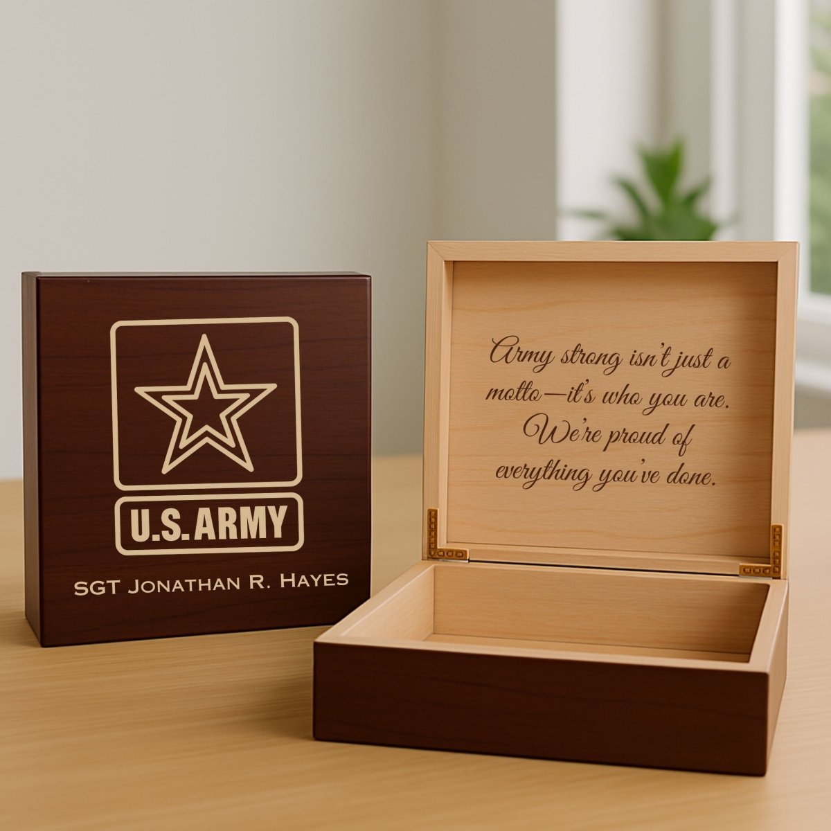 Wooden U.S. Army keepsake box with engraved emblem, custom name, and cedar-lined interior