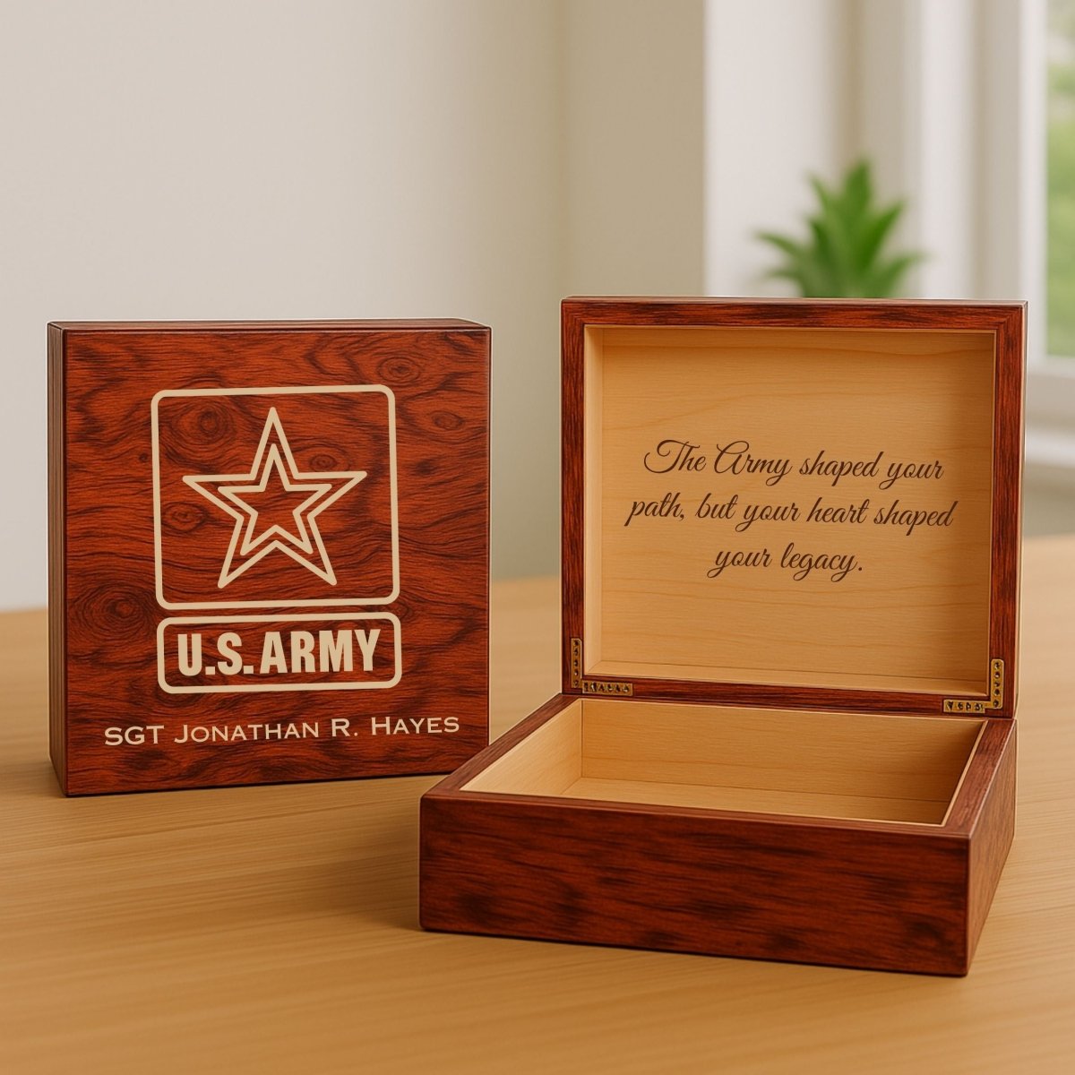 Wooden U.S. Army keepsake box with engraved emblem, custom name, and cedar-lined interior