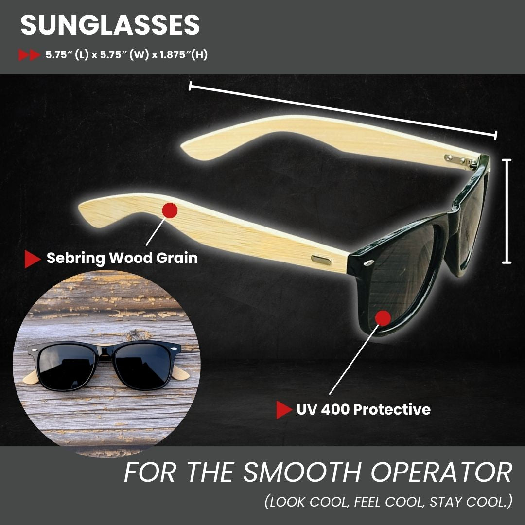 Sunglasses with light wood grain arms and dark frames, featuring UV400 protective lenses and dimensions marked at 5.75" length by 1.875" height