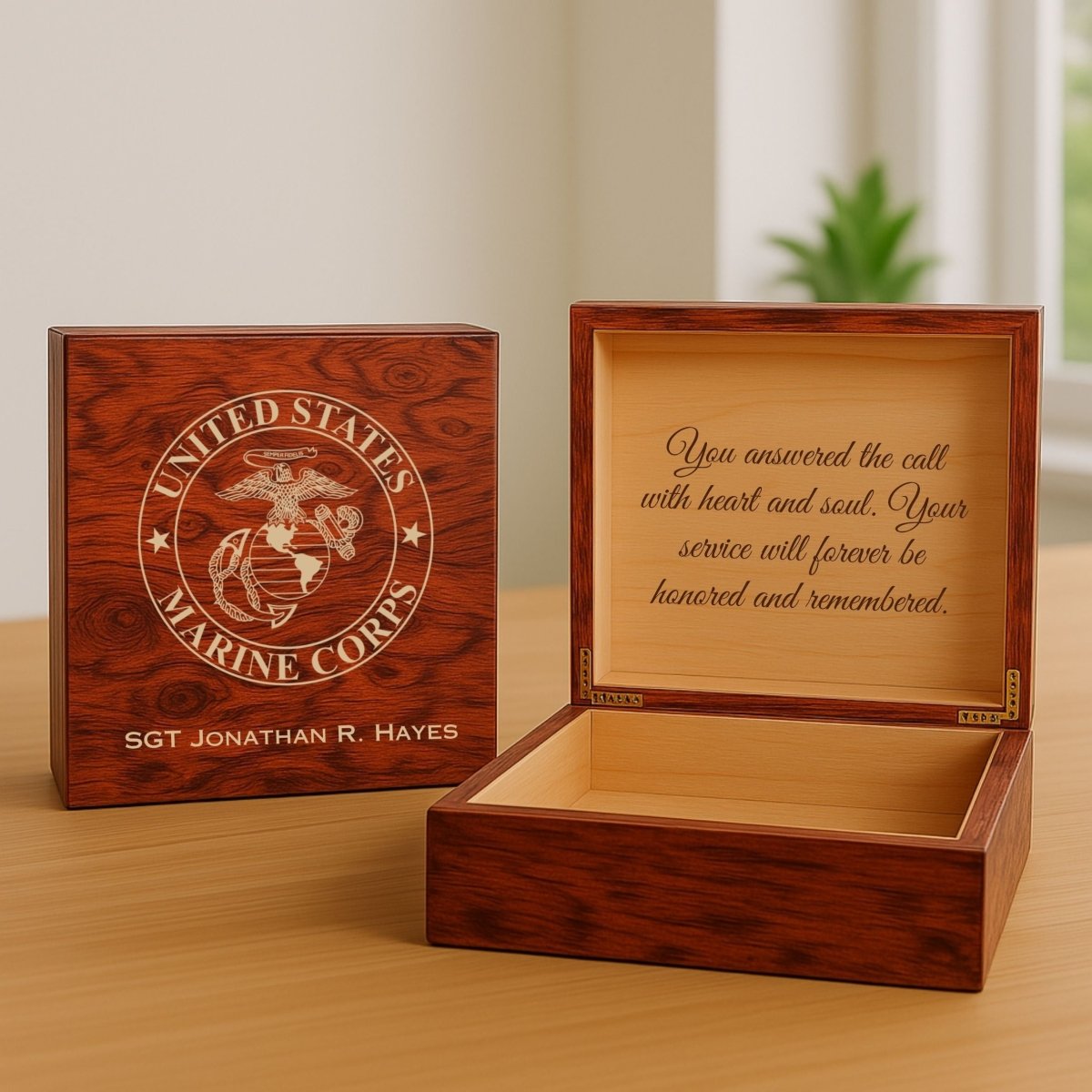 Wooden Marine Corps keepsake box with engraved emblem, custom name, and message