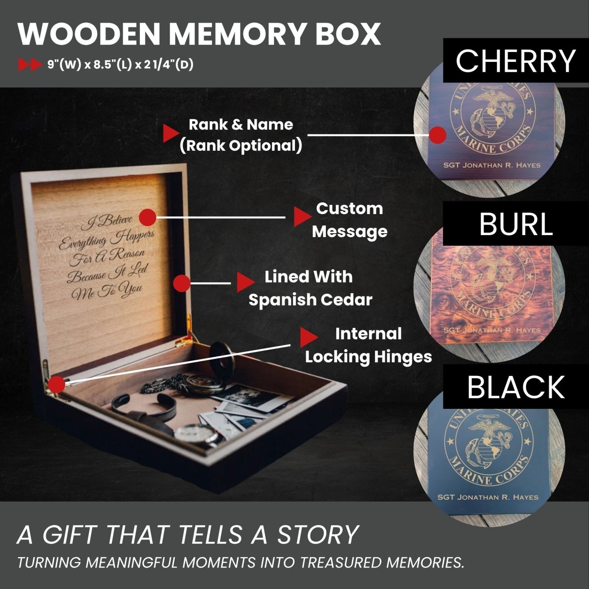 Wooden Marine Corps keepsake box with engraved emblem, custom name, and message