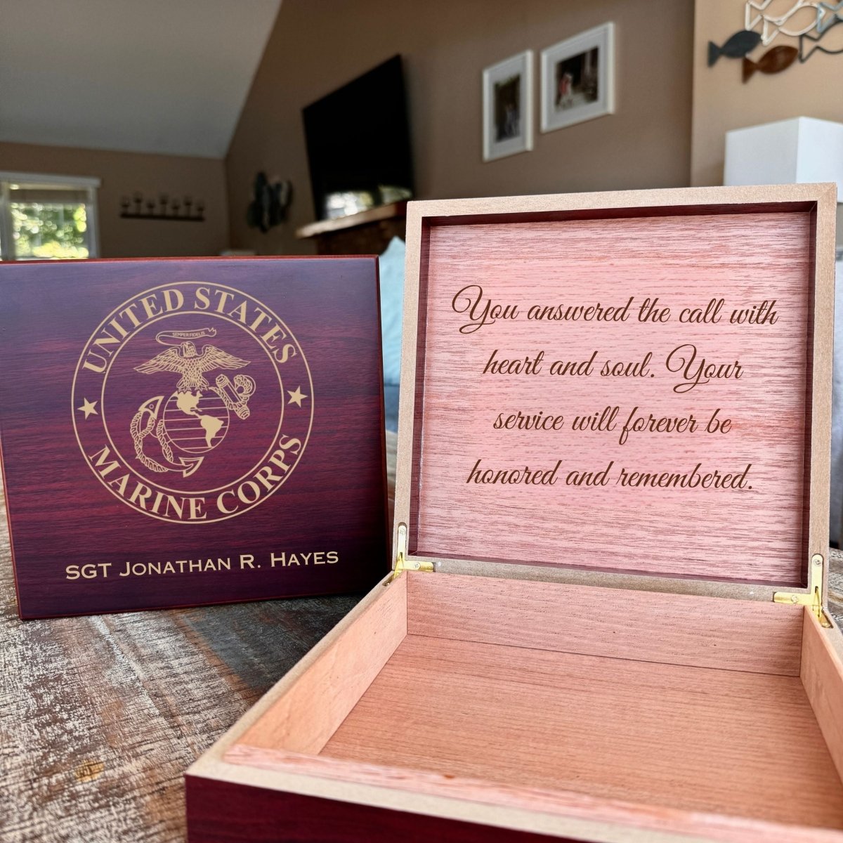Wooden Marine Corps keepsake box with engraved emblem, custom name, and message