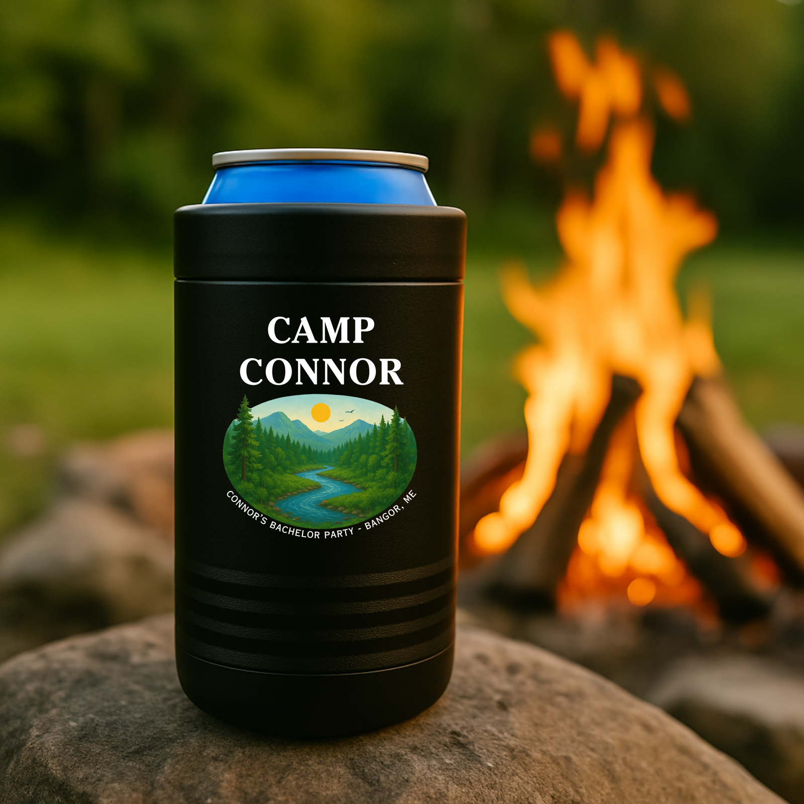 Personalized Camp Bachelor Party Koozie with name and location design