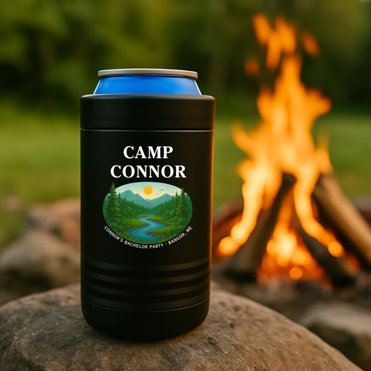 Personalized Camp Bachelor Party Koozie with name and location design