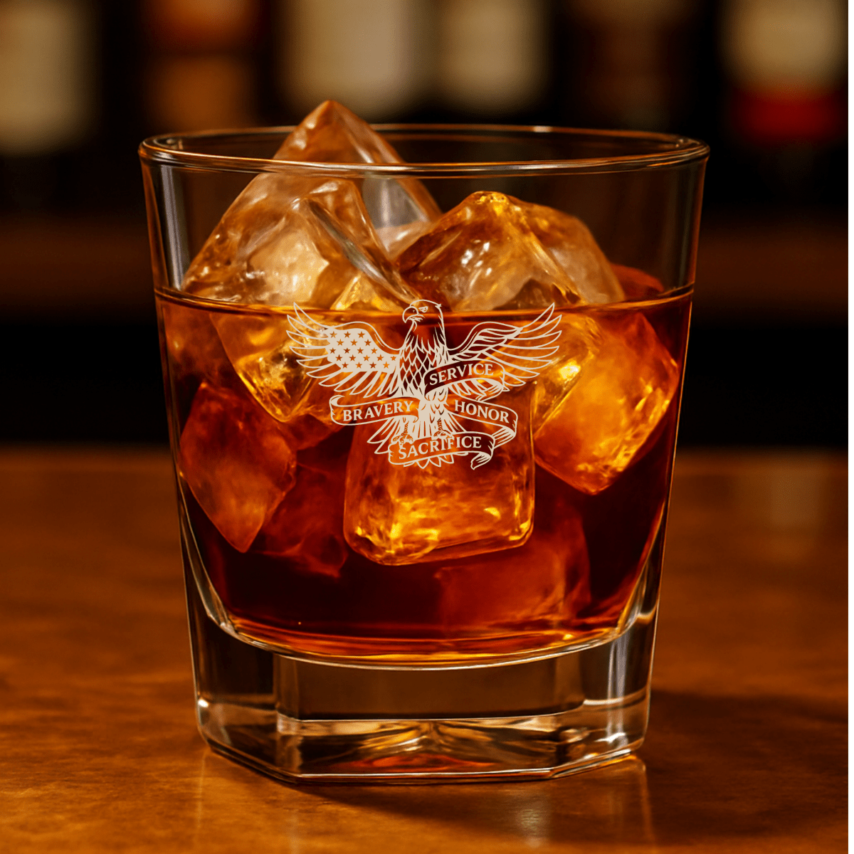 Whiskey glass with engraved eagle, American flag, and “Service, Bravery, Honor, Sacrifice” design