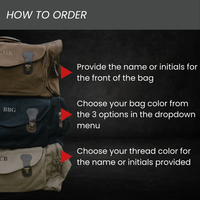 Three monogrammed duffle bags shown in tan, navy, and tan canvas with leather accents, displaying sample initials "GMK," "BBG," and "CB" in different thread colors