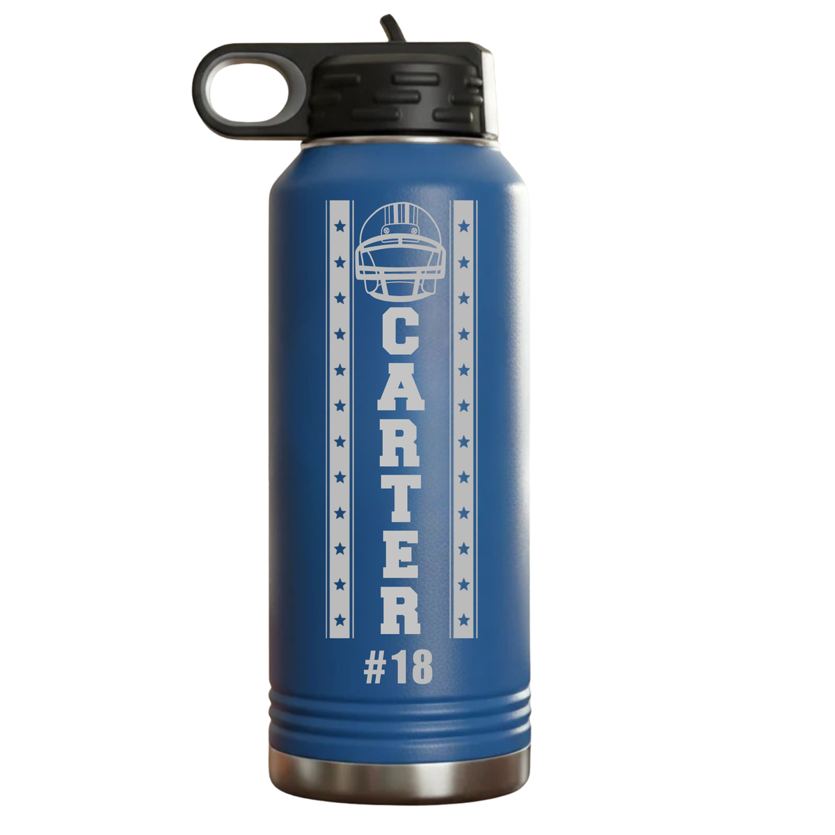 Personalized football groomsman water bottle engraved with the groomsman's name, a football groomsmen gift