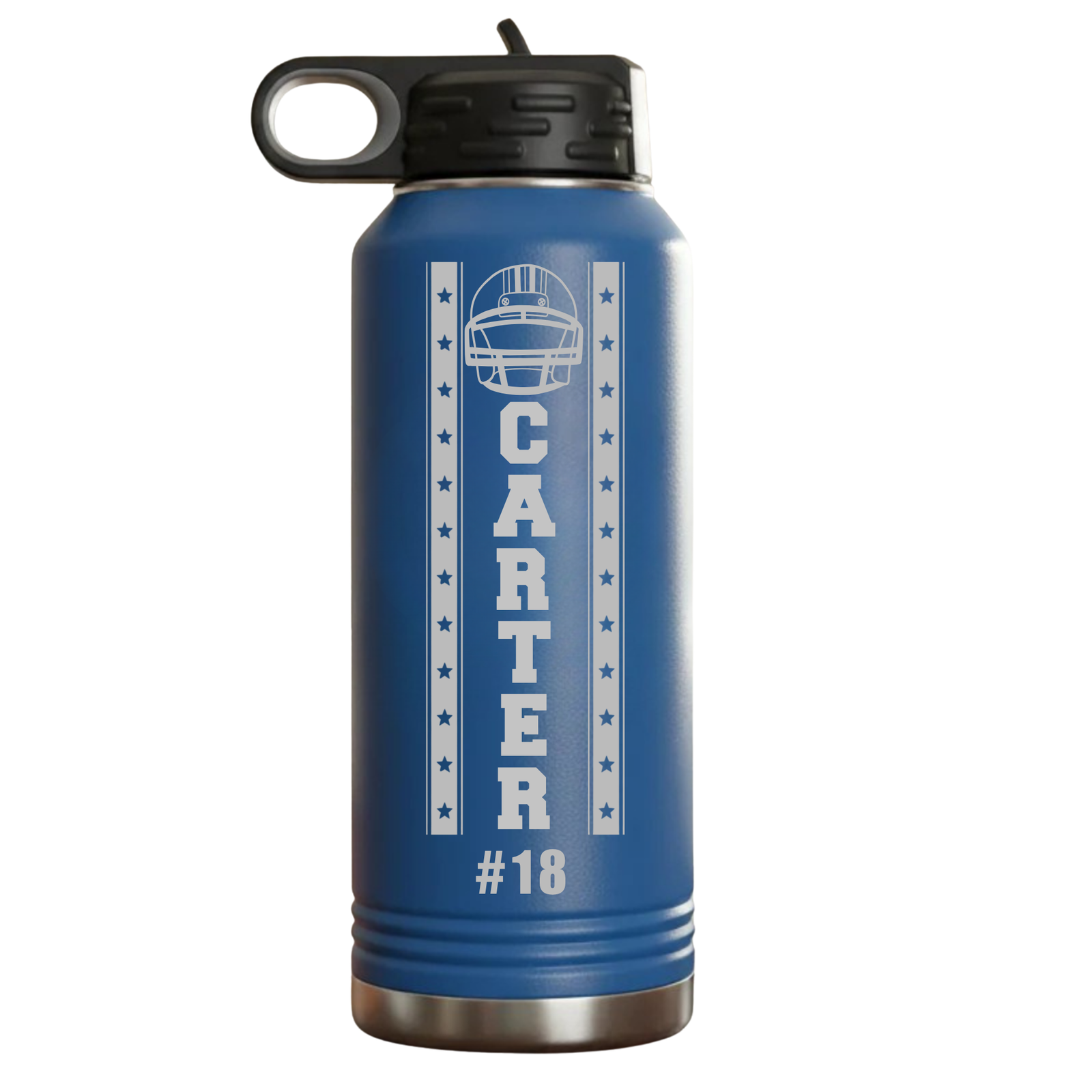 Personalized football groomsman water bottle engraved with the groomsman's name, a football groomsmen gift
