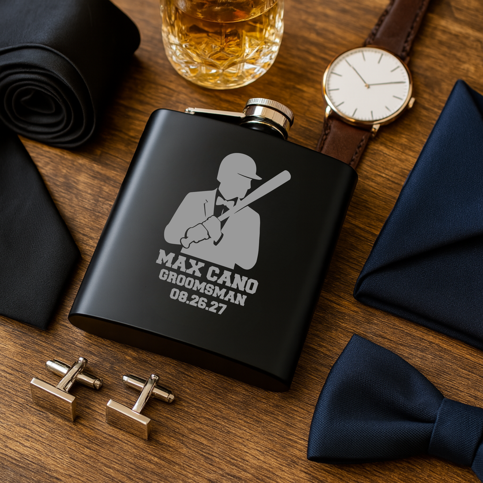 Black matte stainless steel groomsman flask with engraved baseball player silhouette, custom name and wedding date