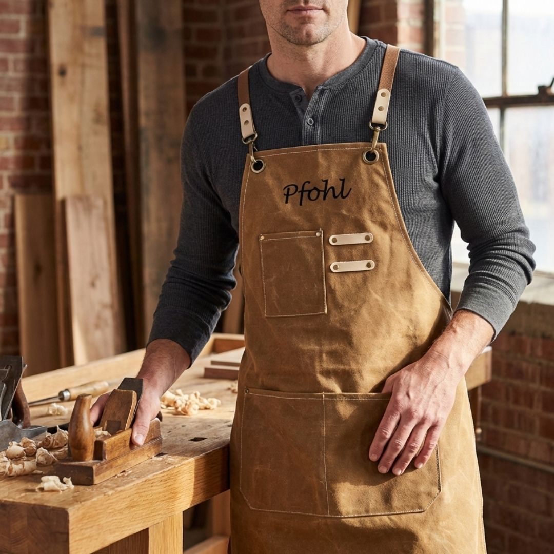 Tan canvas apron with leather straps, engraved with sample name "pfohl" across chest, multiple pockets and tool loops visible in workshop setting.