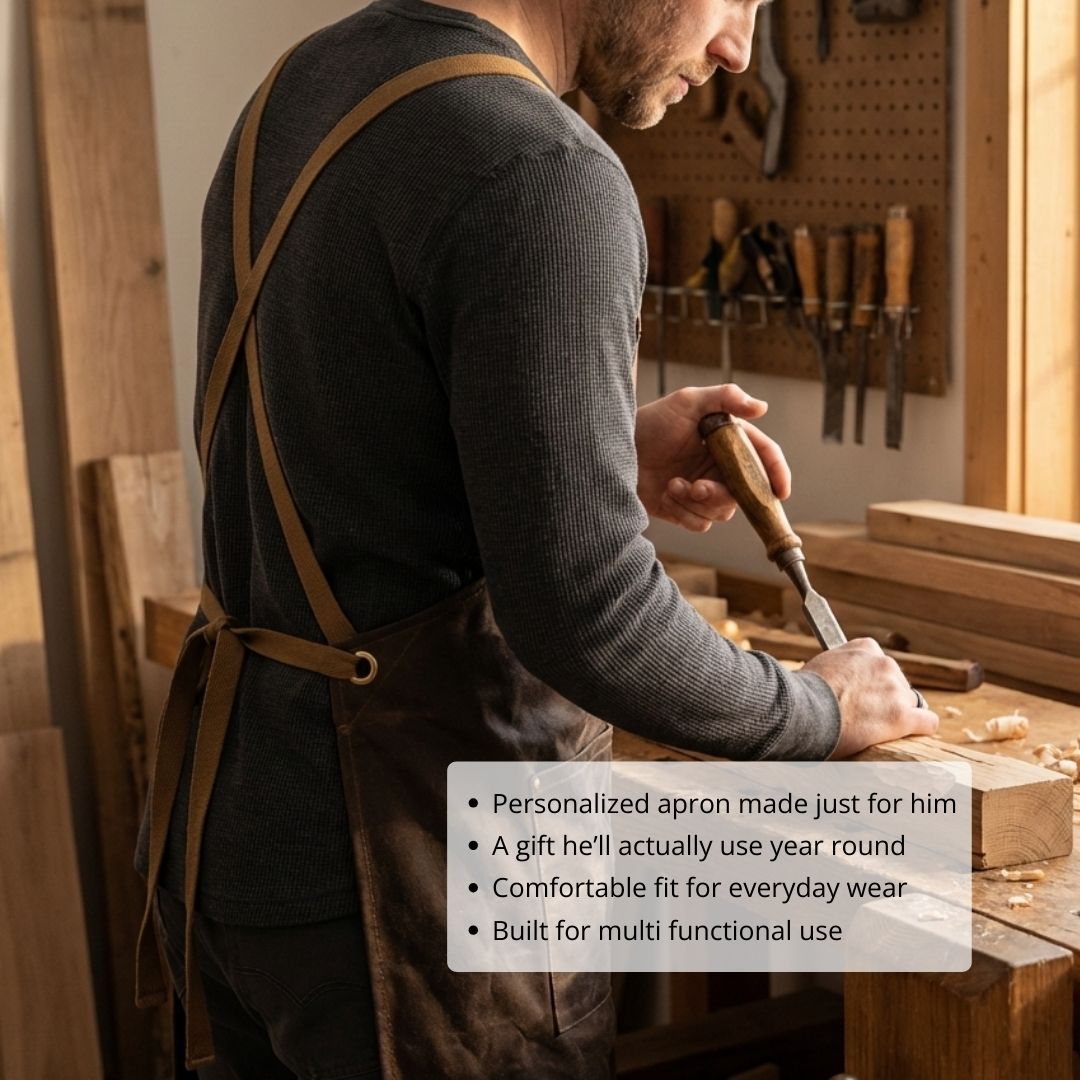 Man wearing charcoal canvas apron with tan leather straps while working with woodworking tools at a workbench in a workshop setting