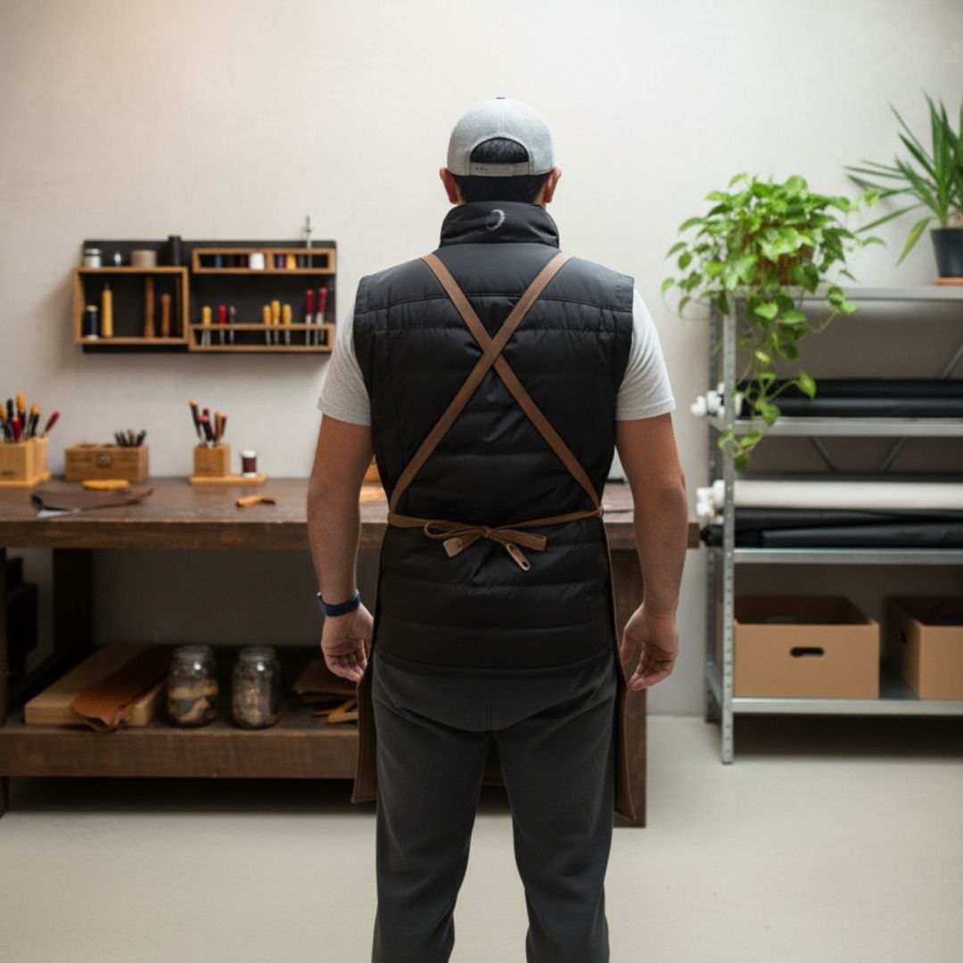 Man wearing black apron with tan crossback straps and tied waist, standing in workshop surrounded by shelving and craft supplies.