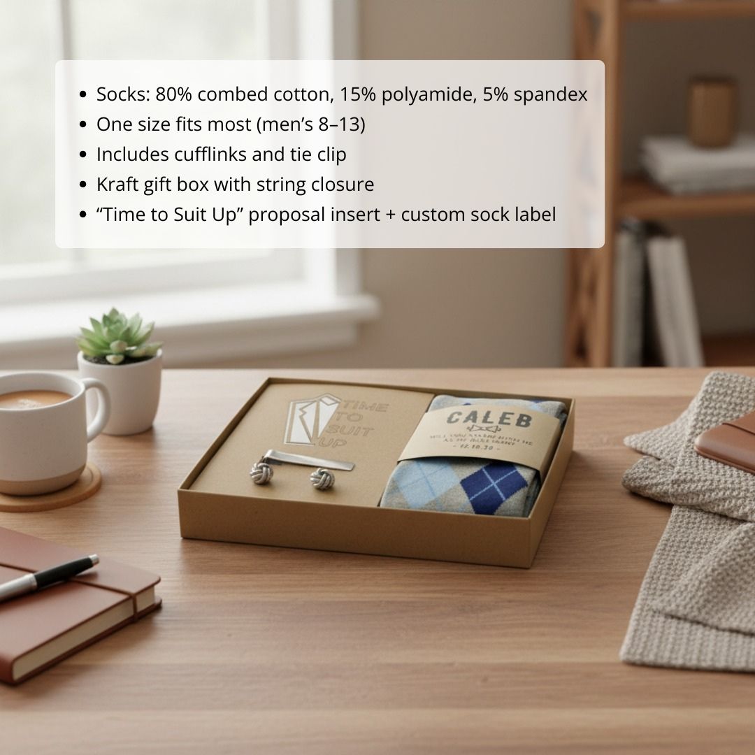 Kraft gift box displaying personalized sock label with name "Caleb", pair of blue argyle dress socks, silver cufflinks, and "Time to Suit Up" proposal insert card