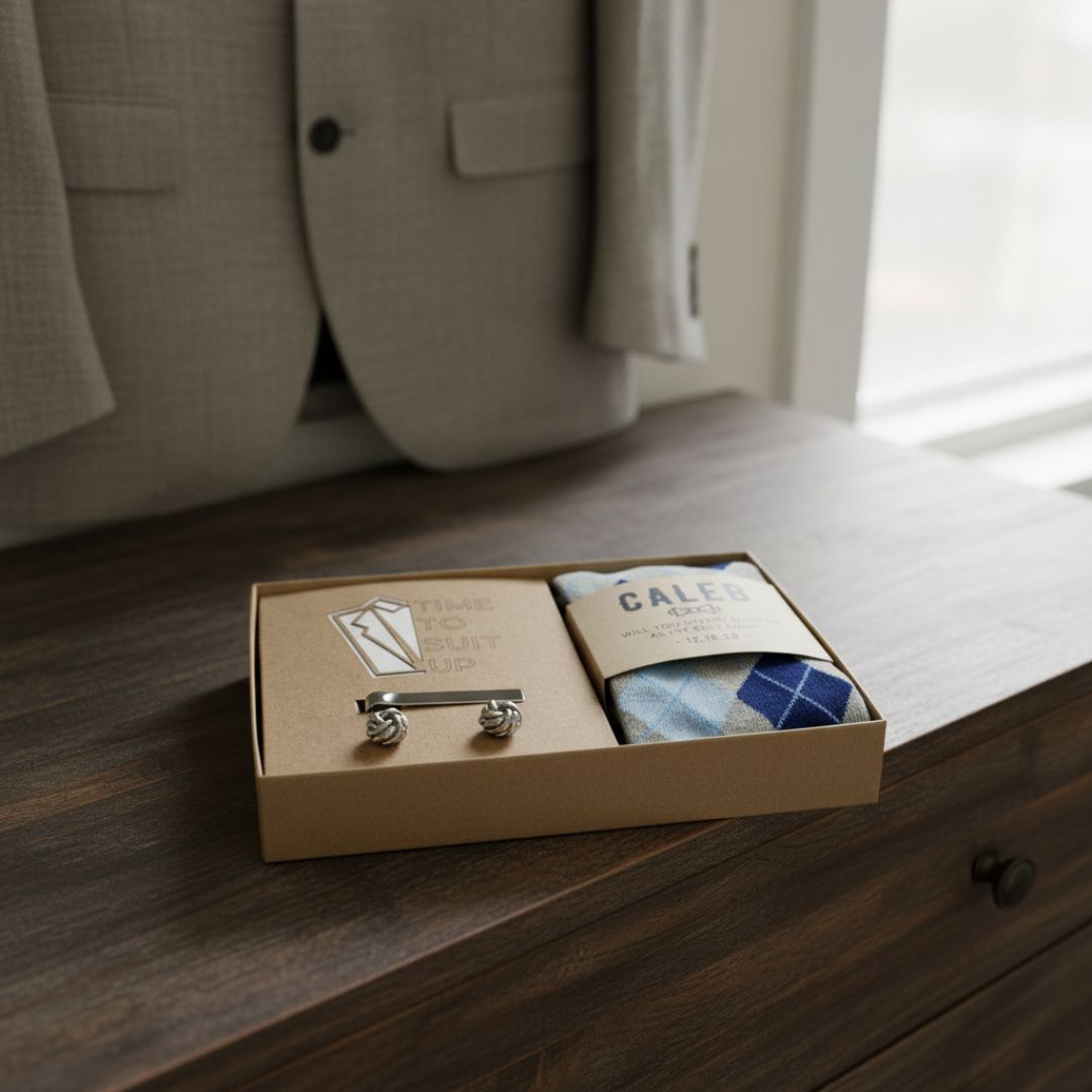 Kraft gift box containing silver cufflinks with twisted knot design, metal tie clip, blue and gray argyle dress socks, and personalized "Suit Up" proposal card with sample name text