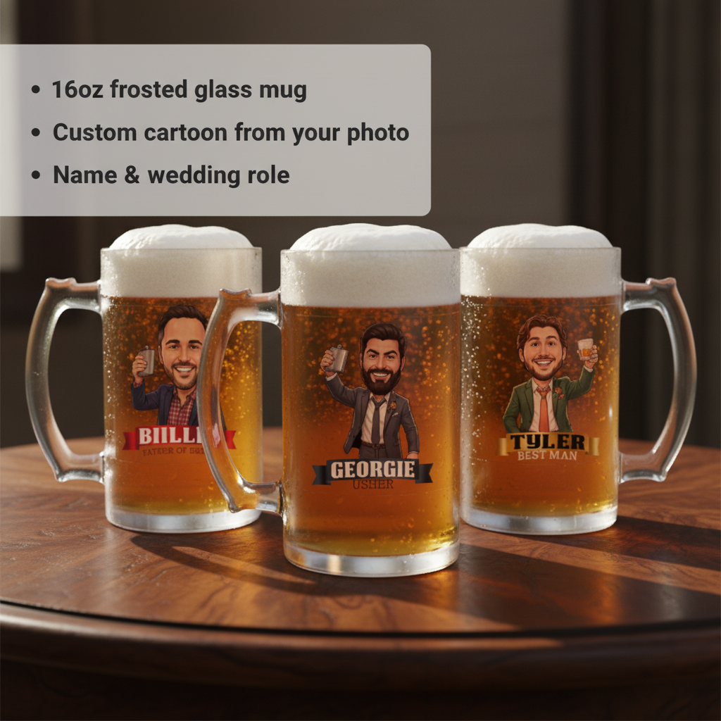 Three 16oz frosted glass beer mugs filled with beer, each featuring a custom cartoon caricature with sample personalization showing names "Billy," "Georgie," and "Tyler" with wedding roles below each illustration.