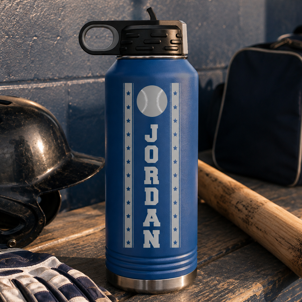 Blue 32oz insulated water bottle laser engraved with a baseball, vertical star bands and the name JORDAN for a wedding party gift