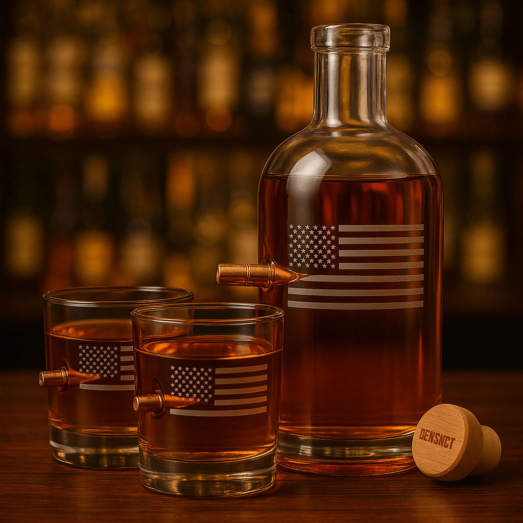 Whiskey decanter with .50 BMG bullet and two rocks glasses with .308 bullets and etched American flags