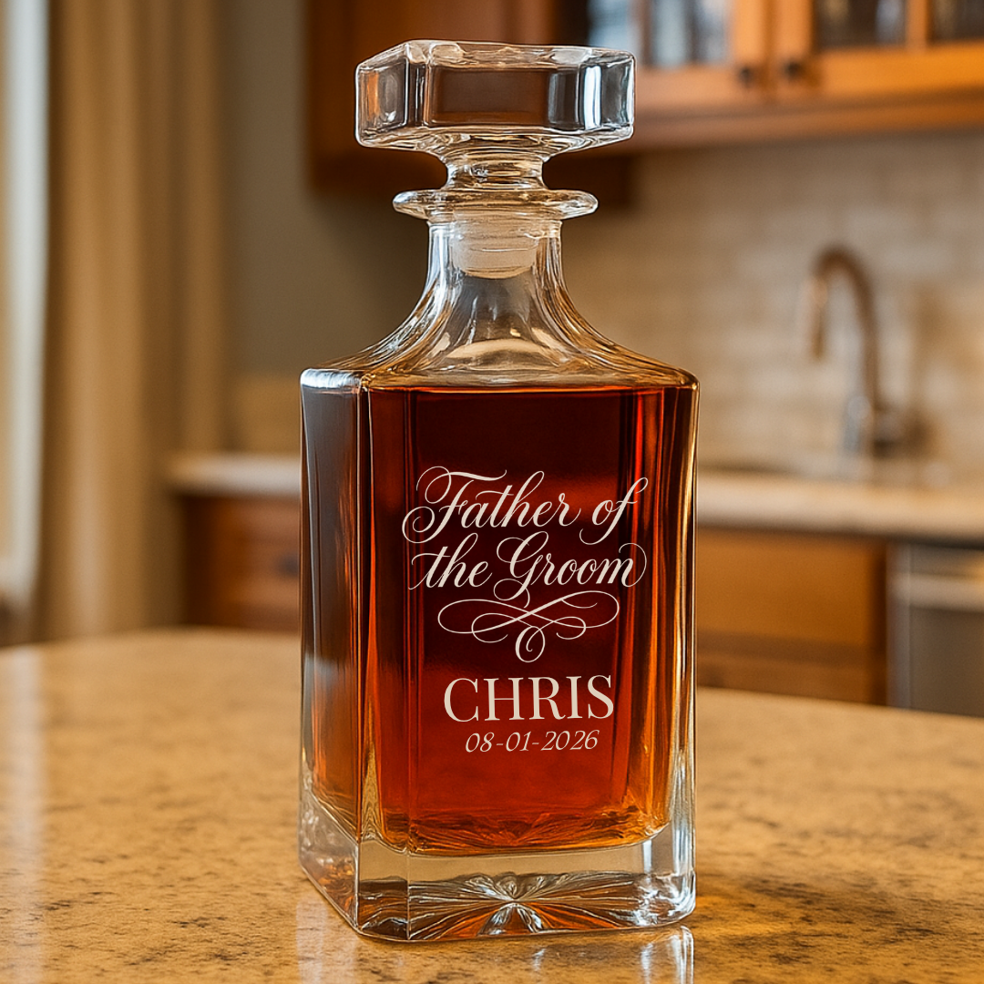 Crystal decanter filled with amber liquid, engraved with "Father of the Groom," sample name "CHRIS," and date "08-01-2026," with square stopper on wooden surface