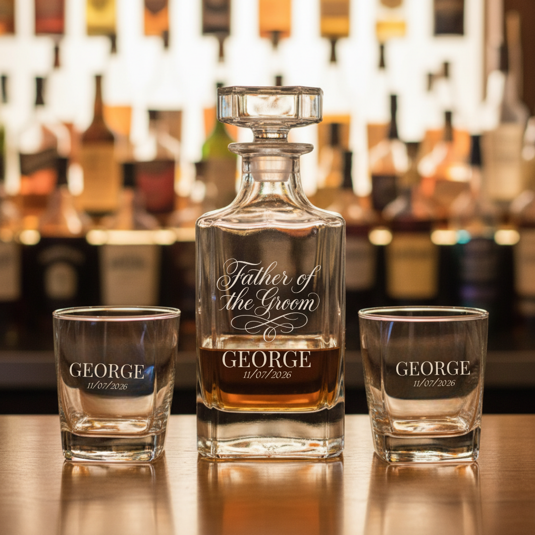 Personalized decanter set with sample engraving reading "Father of the Groom" and "GEORGE 11/07/2026" on decanter and matching whiskey glasses, displayed on bar counter