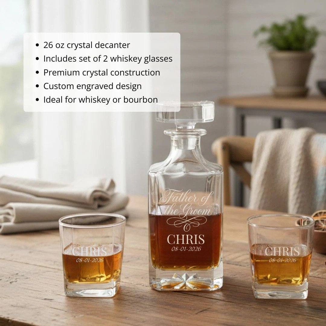 Crystal decanter engraved with sample text "Father of the Groom CHRIS 08-01-2026" displayed with two matching whiskey glasses filled with amber liquid