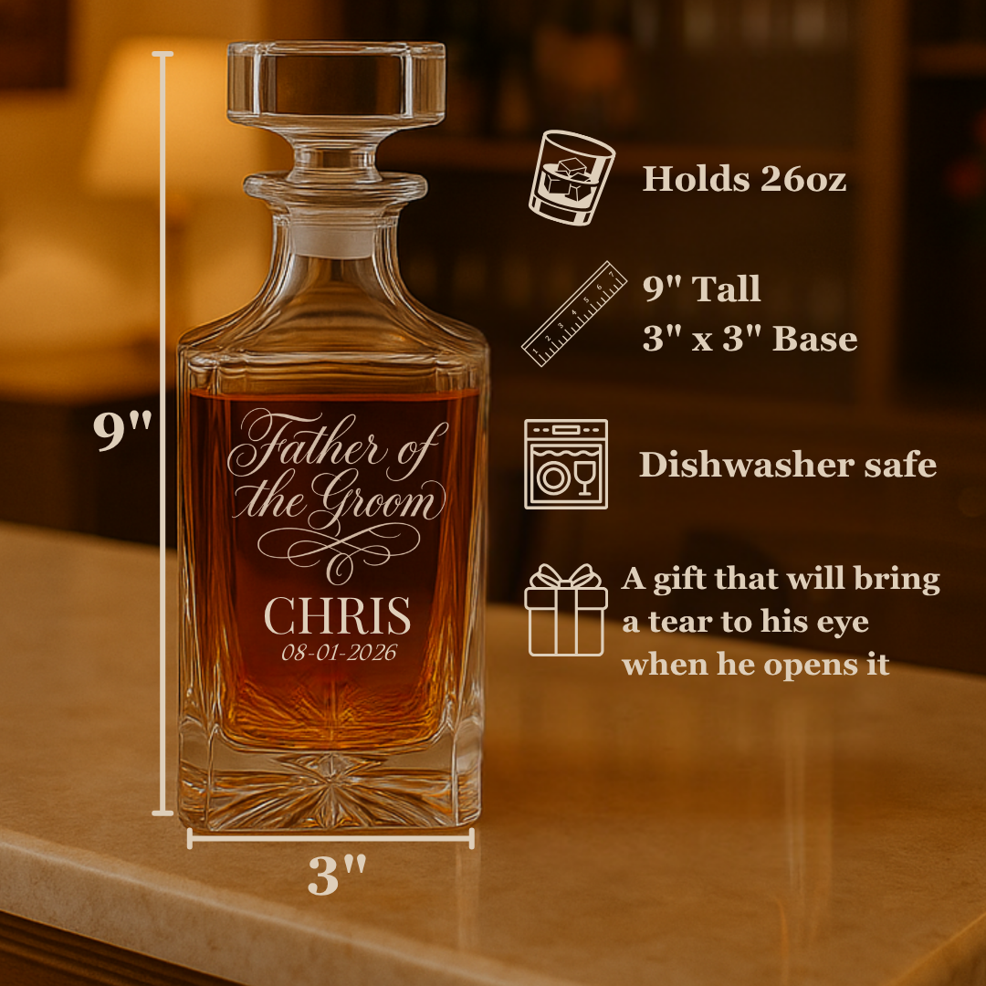 Crystal decanter with stopper engraved with sample text "Father of the Groom CHRIS 08-01-2026" filled with amber liquid, displayed on wood surface