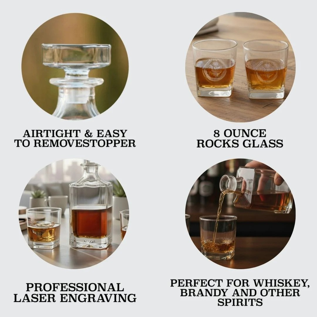 Four circular detail photos showing decanter stopper, pair of rocks glasses with sample engraving, decanter with glass, and liquor being poured into glass