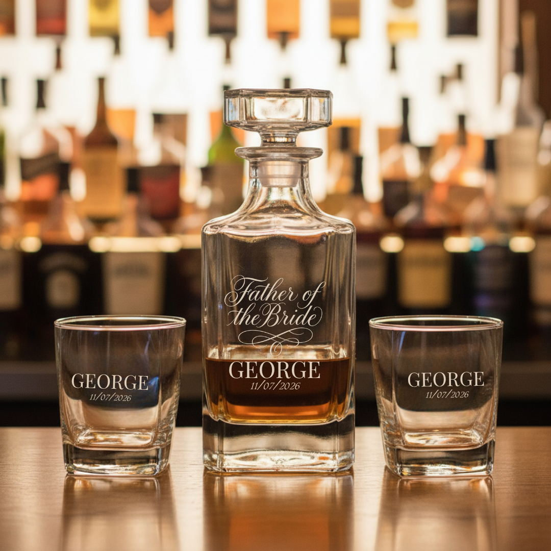 Decanter set with sample personalization showing "Father of the Bride" engraved on decanter and "GEORGE" with date "11/07/2026" on matching whiskey glasses, displayed on bar counter