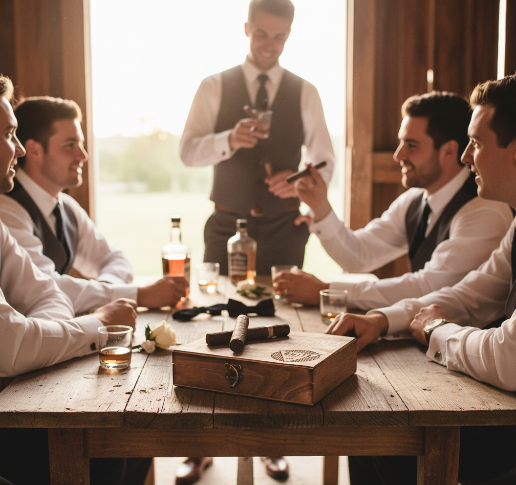 Men in formal attire gathered around wooden table with personalized cigar box, whiskey glasses, and bottles during indoor celebration