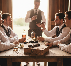 Men in formal attire gathered around wooden table with personalized cigar box, whiskey glasses, and bottles during indoor celebration
