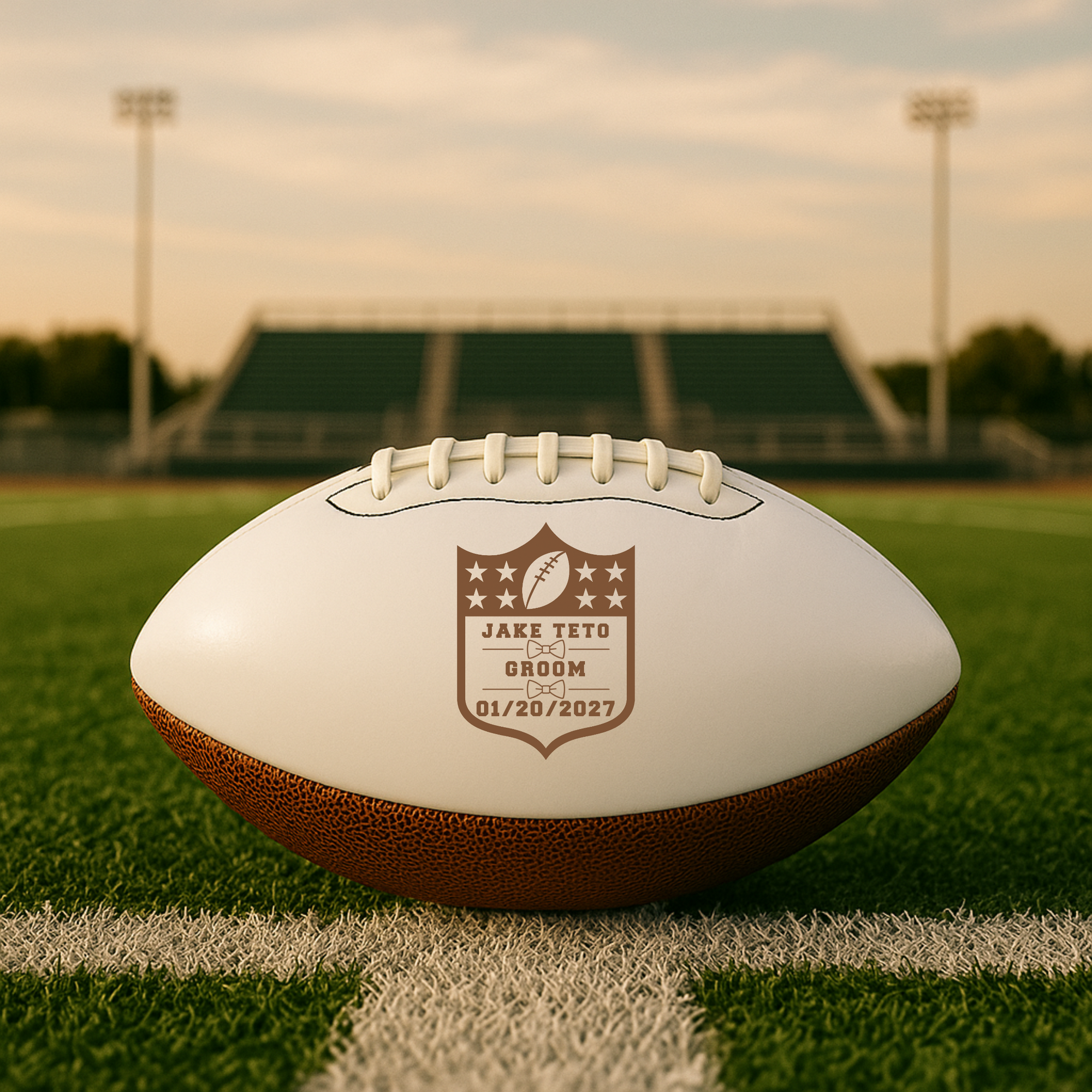 Personalized white and brown groomsmen football with engraved name and date