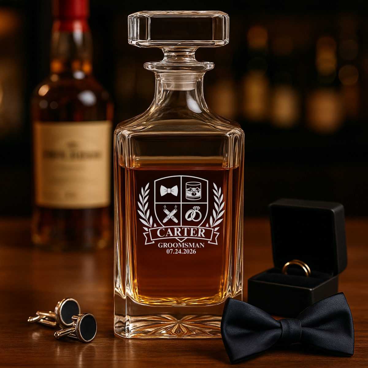 Personalized groomsman whiskey decanter with custom wedding crest engraving