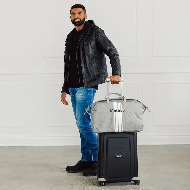 Unique Personalized Striped Embroidered Overnighter Customized Duffel Bags Gifts for Men by Groovy Guy