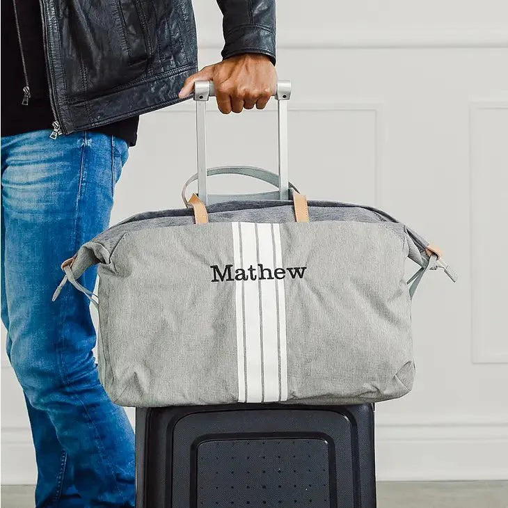 Unique Personalized Striped Embroidered Overnighter Customized Duffel Bags Gifts for Men by Groovy Guy