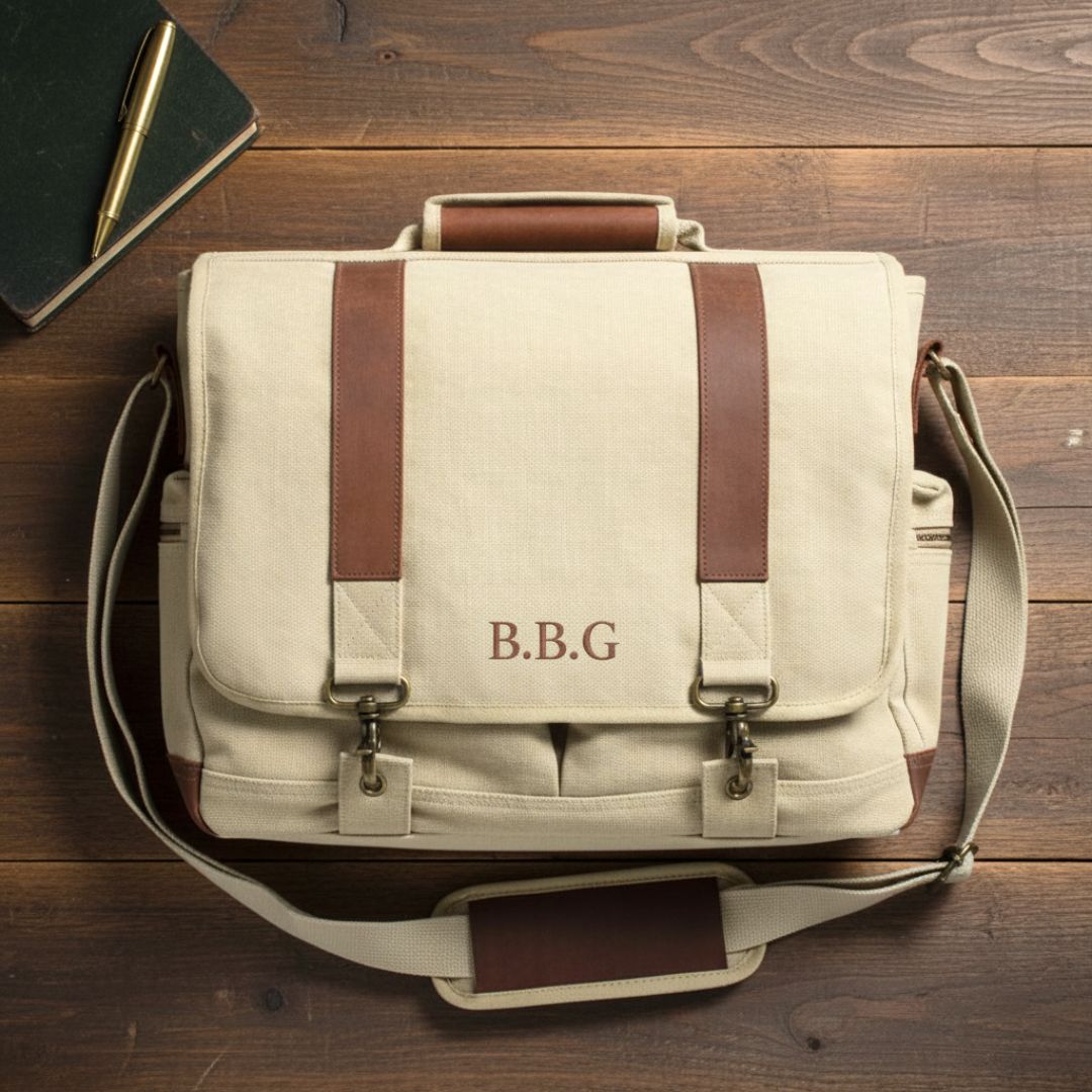 Cream canvas messenger bag with brown leather straps and trim, embroidered with sample initials "B.B.G" on flap, displayed flat on wooden surface