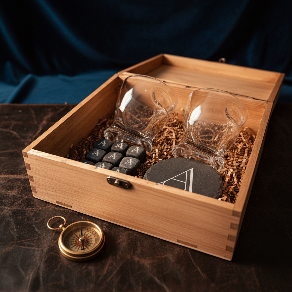 Wooden box open displaying two crystal whiskey glasses with cigar rests, six engraved whiskey stones, slate coasters with sample monogram, and branded coaster, nestled in wood shavings