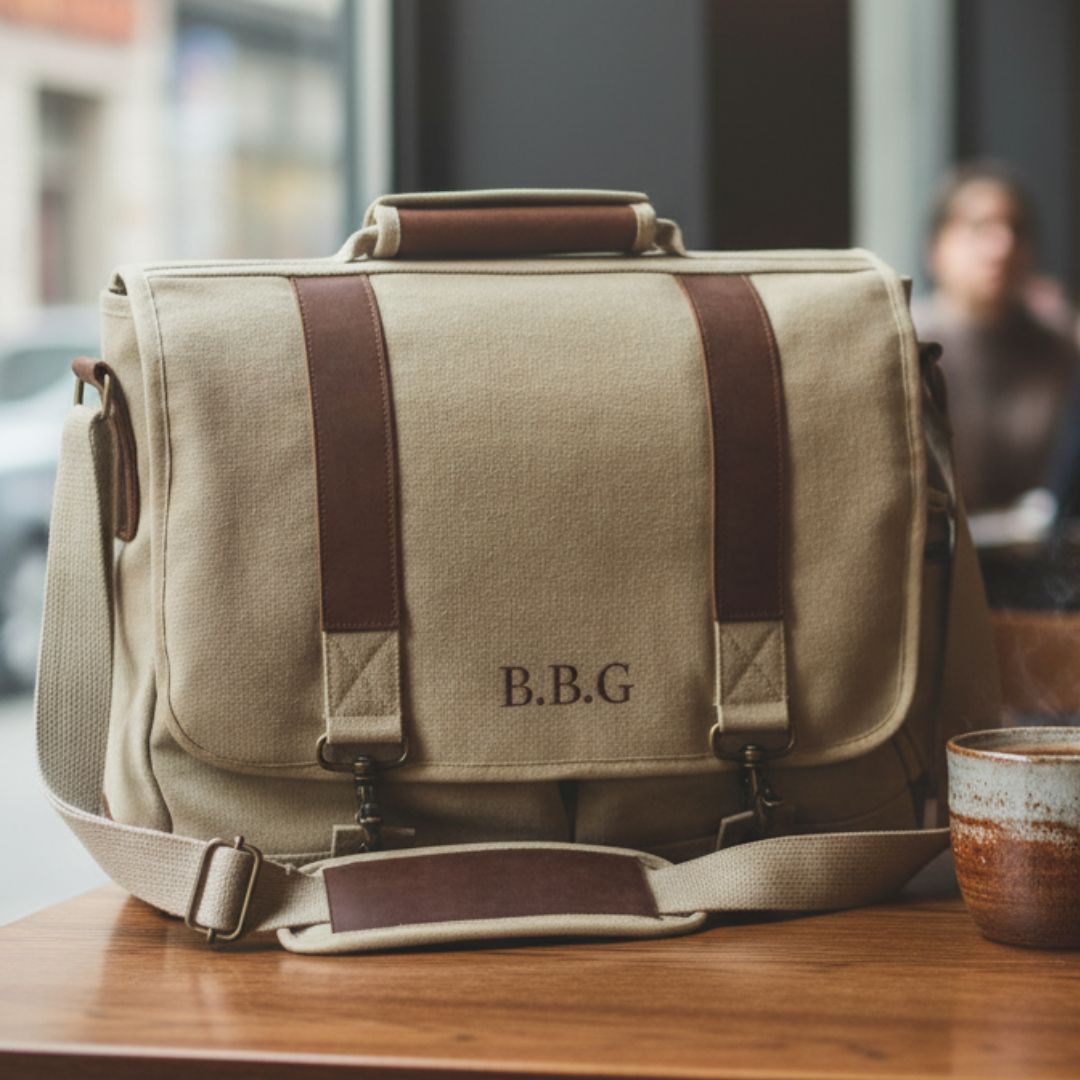 Canvas messenger bag in cream with brown leather straps, personalized with sample initials "B.B.G" on front flap, padded laptop sleeve visible at top