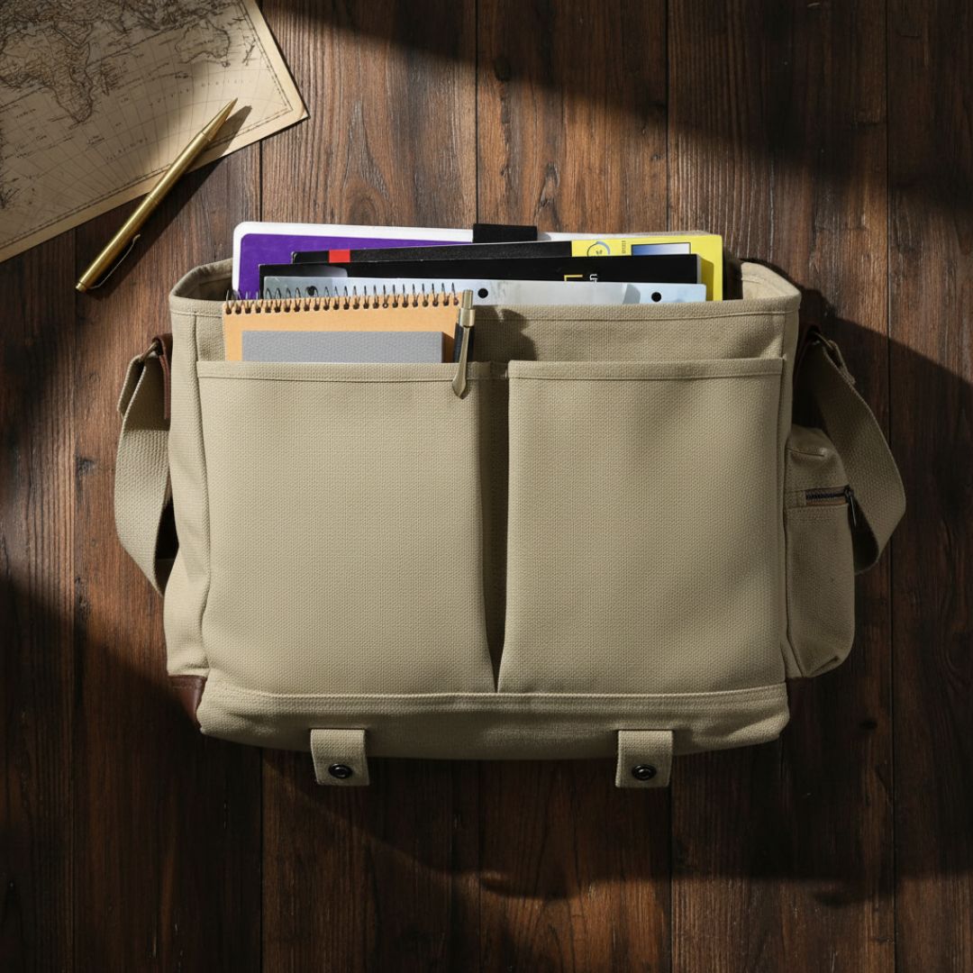 Cream canvas messenger bag with multiple pockets displayed open and filled with notebooks, folders, and writing supplies on a dark wood surface