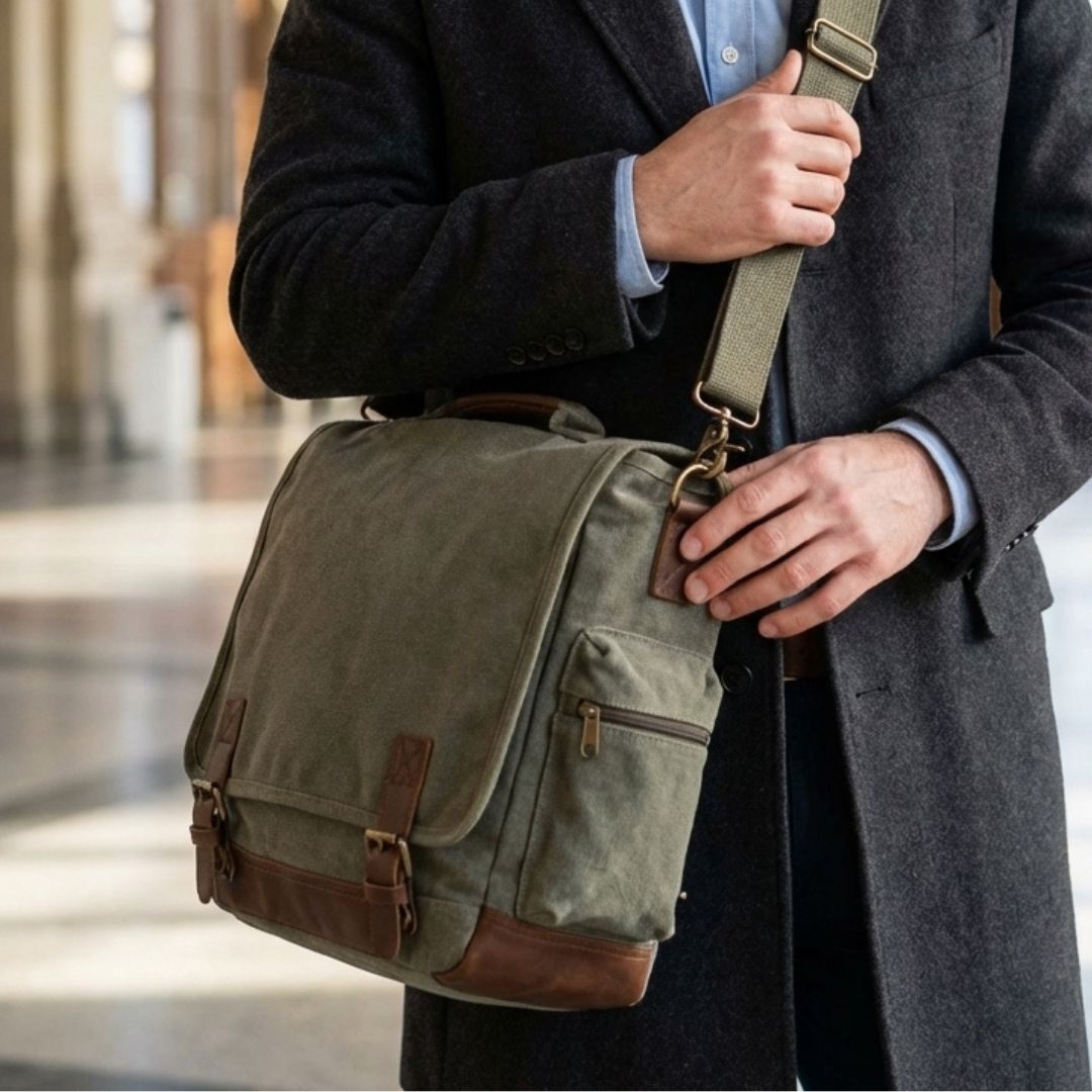 Olive canvas messenger bag with brown leather accents worn crossbody by man in charcoal blazer and blue shirt