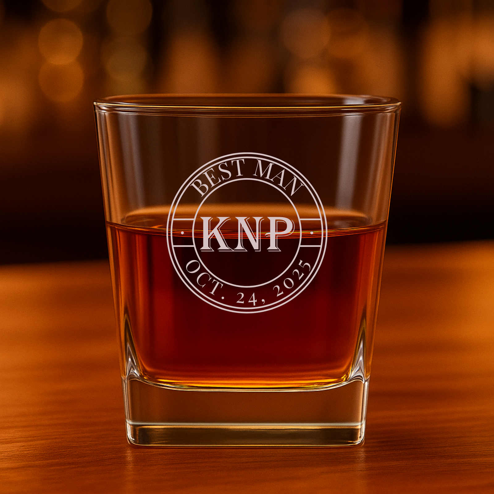 Engraved whiskey glass with custom initials, title, and wedding date