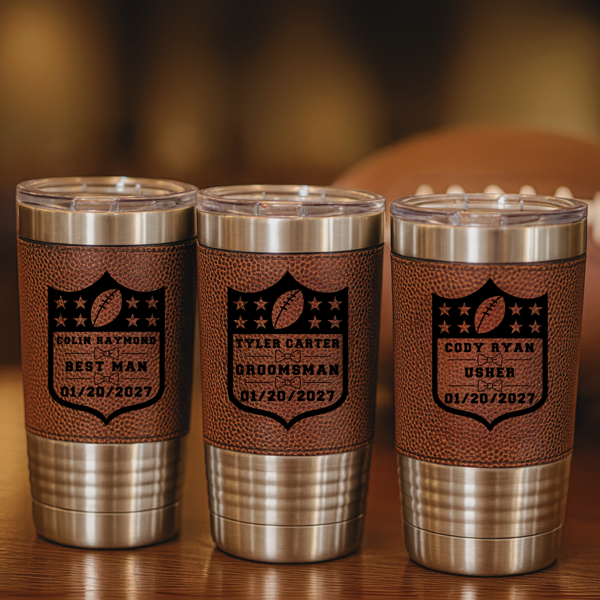 20 oz insulated tumbler with football-grain faux leather wrap and custom football-shield engraving