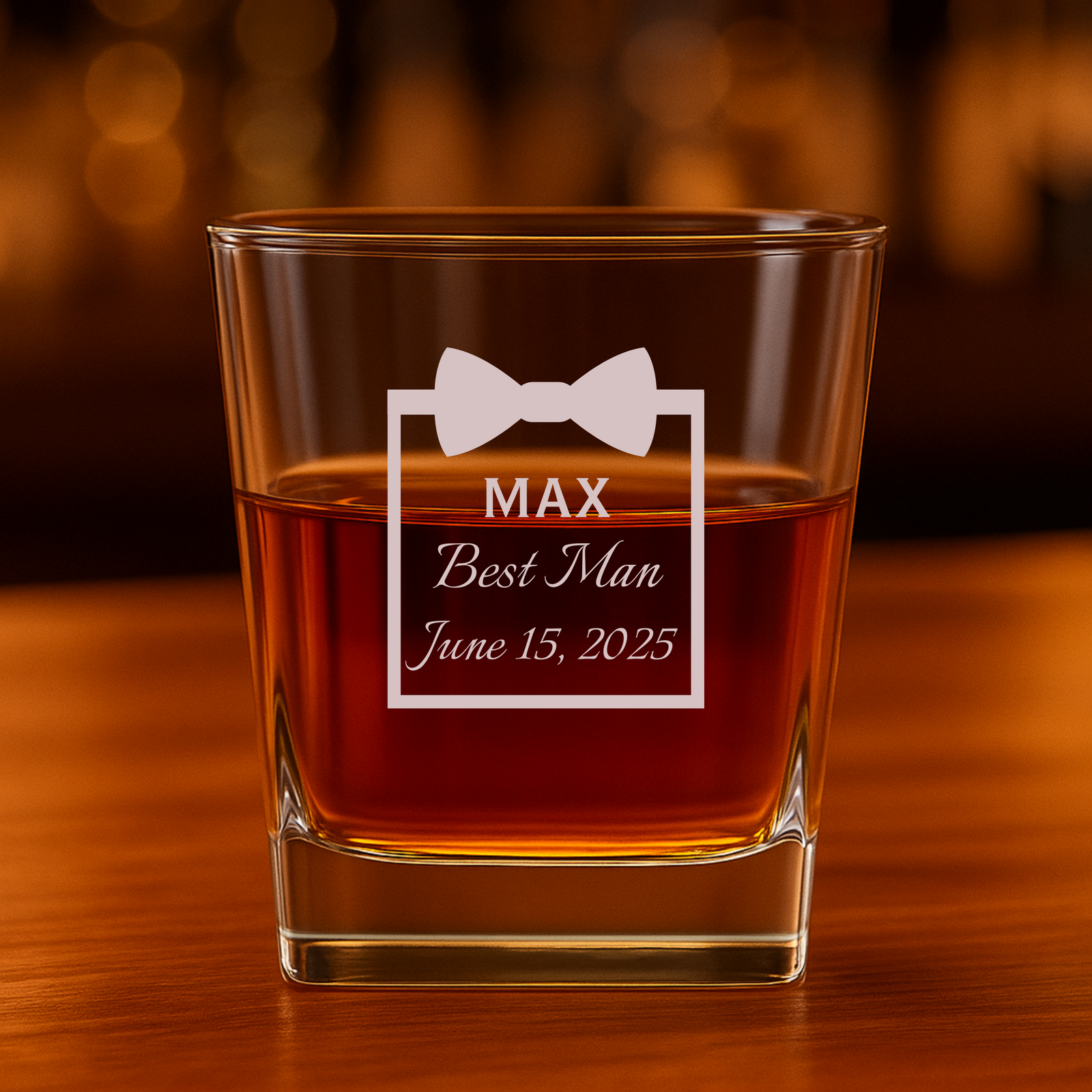 Two engraved whiskey glasses with bowtie design and custom groomsman text