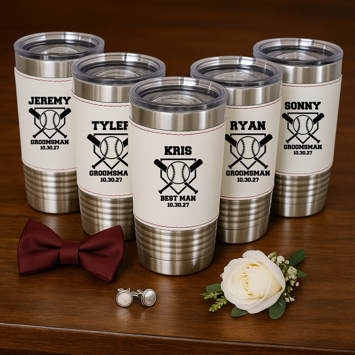 White leather baseball-stitched tumbler with personalized groomsman engraving

