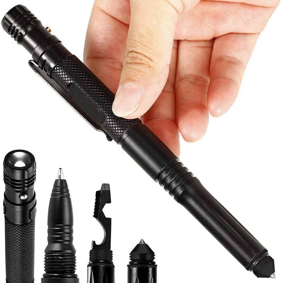 Engraved black multitool tactical pen with LED flashlight and survival tools