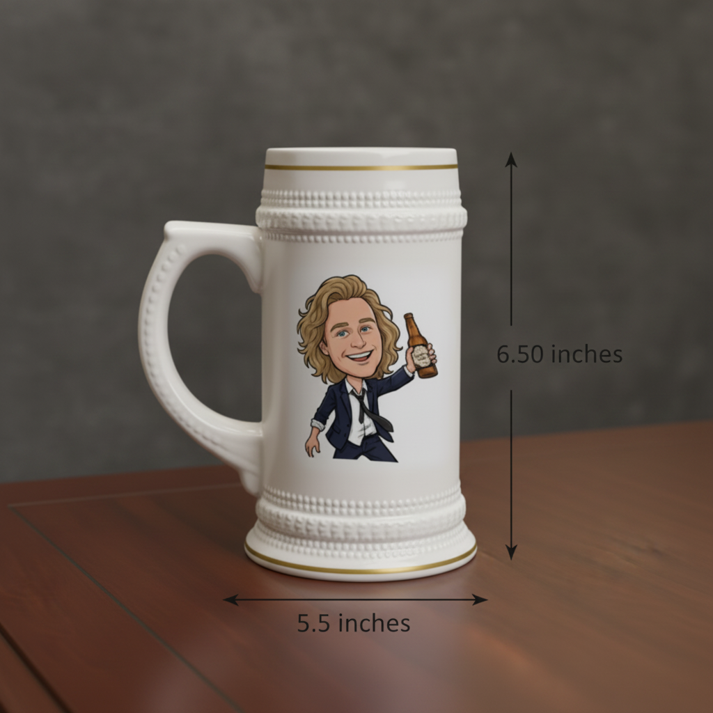 White ceramic beer stein with gold trim featuring a custom cartoon character illustration of a man in a navy suit holding a beer bottle, shown with dimension measurements of 5.5 by 6.50 inches.