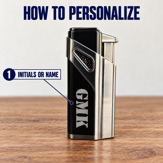 How to personalize the engraved torch lighter: numbered guide showing where his initials or name, like GMK, are engraved on the black face
