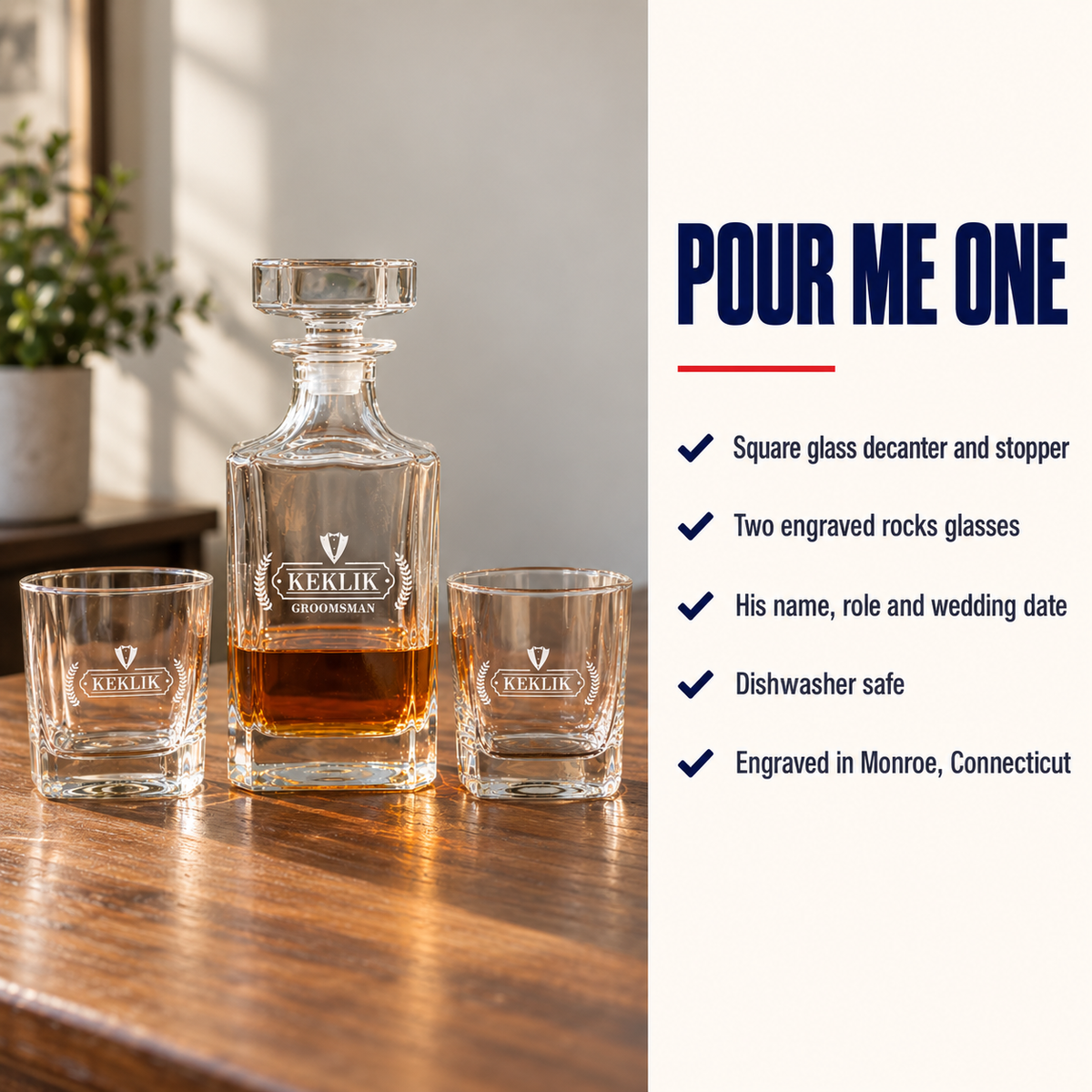 Pour Me One decanter set details: square glass decanter with stopper and two rocks glasses engraved with his name, role and wedding date, dishwasher safe
